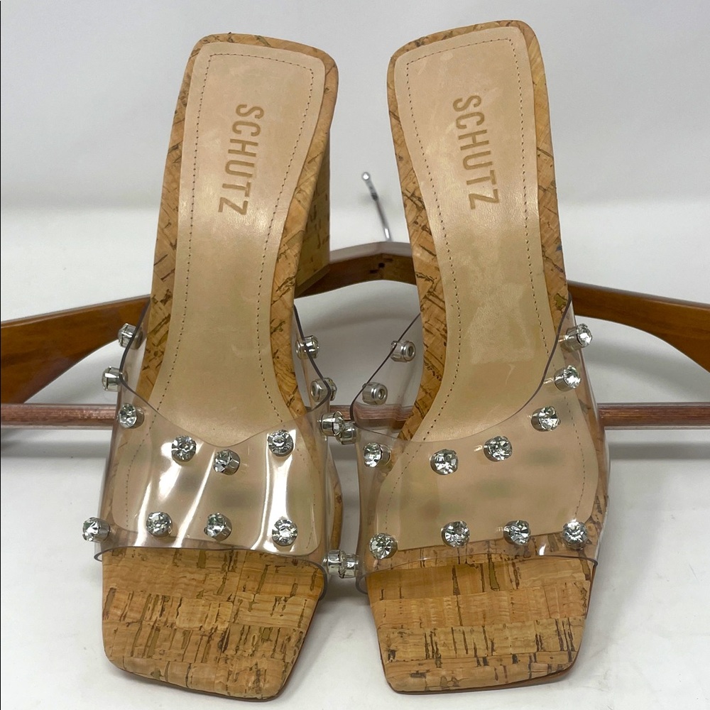 SCHUTZ Silver Rhinestone Studded Clear Tan Cork Heel Sandals Size 8.5 Brand New